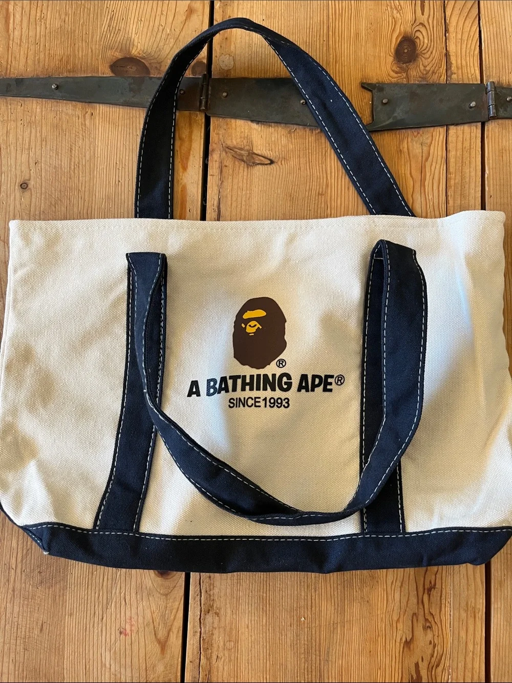 A Bathing Ape Cream Canvas Tote with Navy Trim